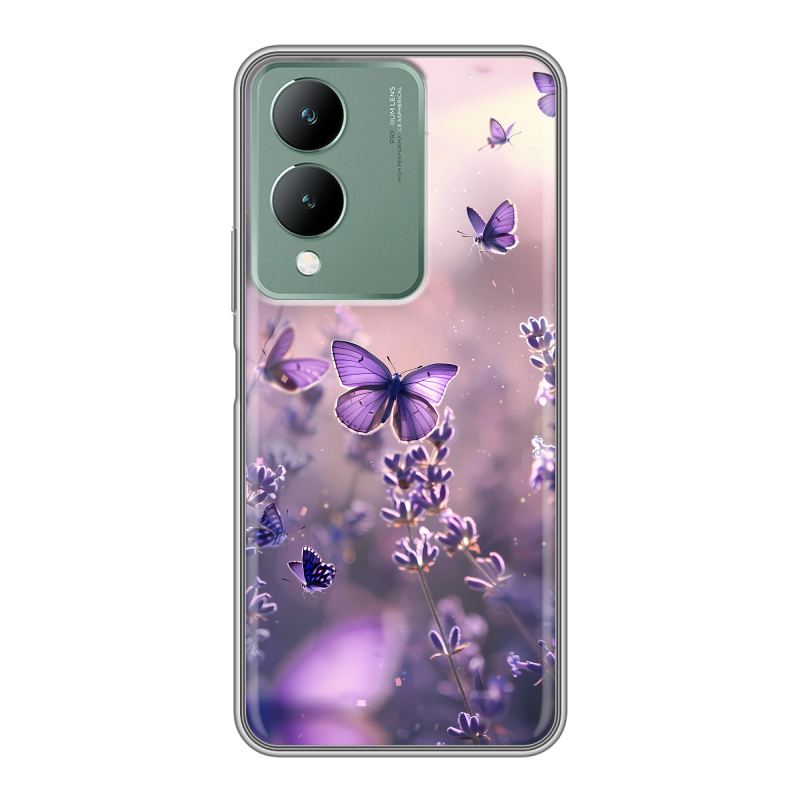 Силиконовый противоударный чехол на Vivo Y17s с принтом бабочки и лаванда Силиконовый противоударный чехол на Vivo Y17s с принтом бабочки и лаванда