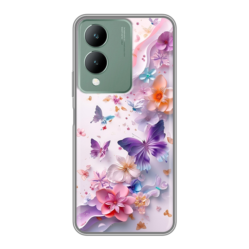 Силиконовый чехол на Vivo Y17s с принтом цветы бабочки Силиконовый чехол на Vivo Y17s с принтом цветы бабочки