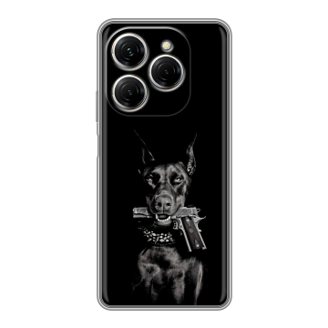 Силиконовый чехол на Tecno Spark 20 Pro с принтом Доберман и пистолет Силиконовый чехол на Tecno Spark 20 Pro с принтом Доберман и пистолет