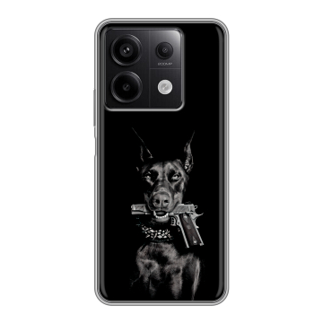Силиконовый чехол на Xiaomi Redmi Note 13 5G с принтом Доберман и пистолет Силиконовый чехол на Xiaomi Redmi Note 13 5G с принтом Доберман и пистолет