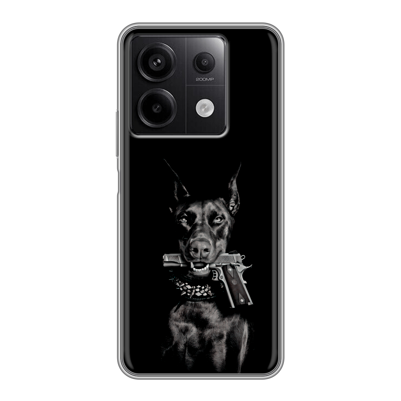 Силиконовый чехол на Xiaomi Redmi Note 13 5G с принтом Доберман и пистолет Силиконовый чехол на Xiaomi Redmi Note 13 5G с принтом Доберман и пистолет