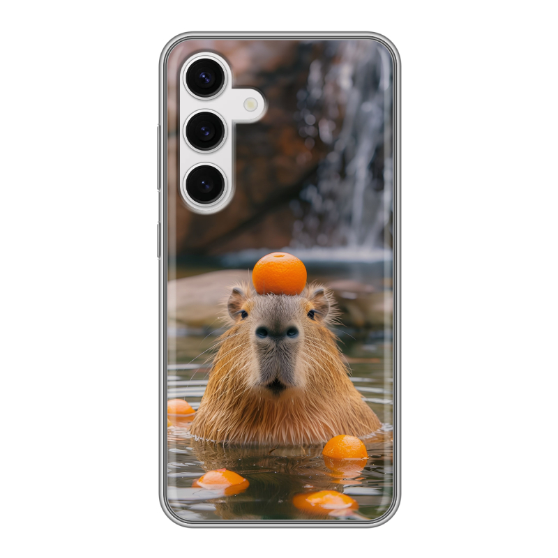 Силиконовый чехол на Samsung Galaxy S24 с принтом Капибара с апельсином Силиконовый чехол на Samsung Galaxy S24 с принтом Капибара с апельсином