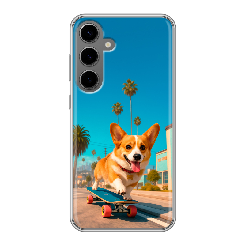 Силиконовый чехол на Samsung Galaxy S24 Plus с принтом Корги на скейте Силиконовый чехол на Samsung Galaxy S24 Plus с принтом Корги на скейте
