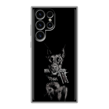 Силиконовый чехол на Samsung Galaxy S24 Ultra с принтом Доберман и пистолет Силиконовый чехол на Samsung Galaxy S24 Ultra с принтом Доберман и пистолет