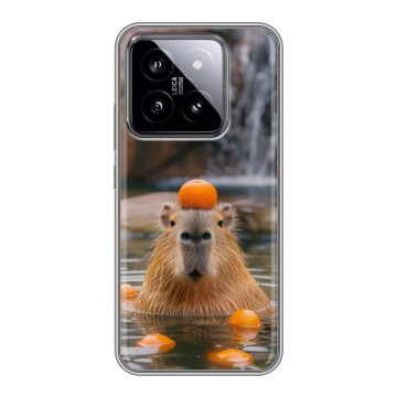 Силиконовый чехол на Xiaomi 14 с принтом Капибара с апельсином