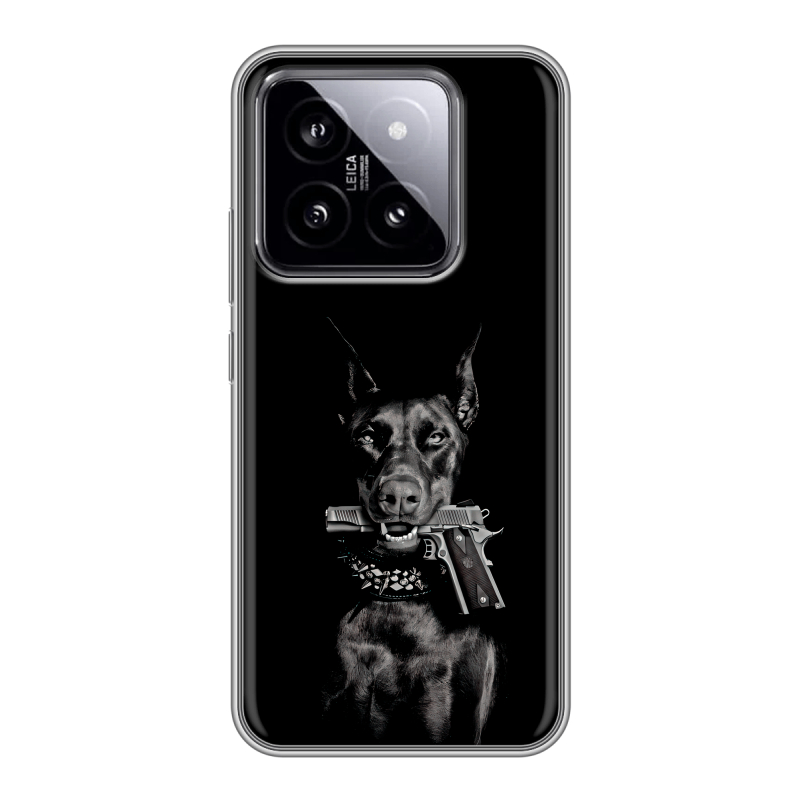 Силиконовый чехол на Xiaomi 14 с принтом Доберман и пистолет Силиконовый чехол на Xiaomi 14 с принтом Доберман и пистолет