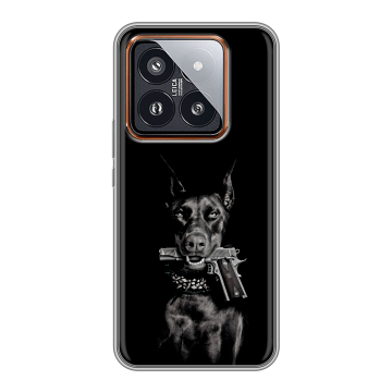 Силиконовый чехол на Xiaomi 14 Pro с принтом Доберман и пистолет Силиконовый чехол на Xiaomi 14 Pro с принтом Доберман и пистолет