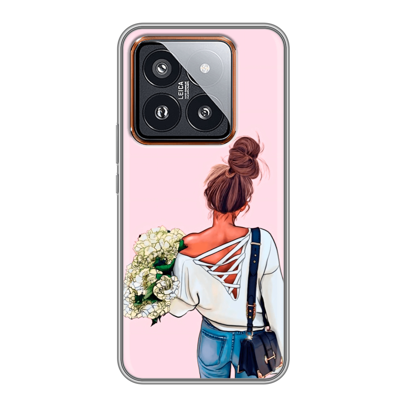 Силиконовый чехол на Xiaomi 14 Pro с принтом Девушка и букет Силиконовый чехол на Xiaomi 14 Pro с принтом Девушка и букет