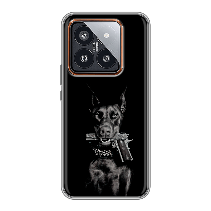 Силиконовый чехол на Xiaomi 14 Pro с принтом Доберман и пистолет Силиконовый чехол на Xiaomi 14 Pro с принтом Доберман и пистолет