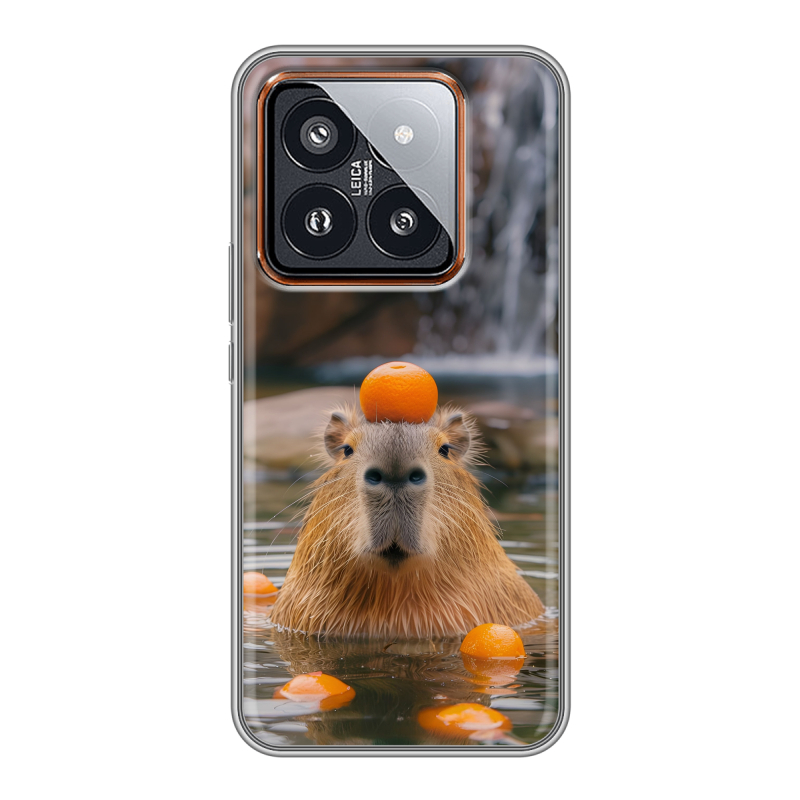 Силиконовый чехол на Xiaomi 14 Pro с принтом Капибара с апельсином Силиконовый чехол на Xiaomi 14 Pro с принтом Капибара с апельсином