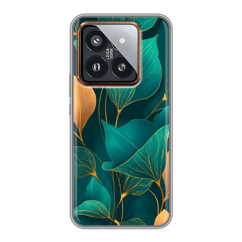 Силиконовый чехол на Xiaomi 14 Pro с принтом Листья и золото Силиконовый чехол на Xiaomi 14 Pro с принтом Листья и золото