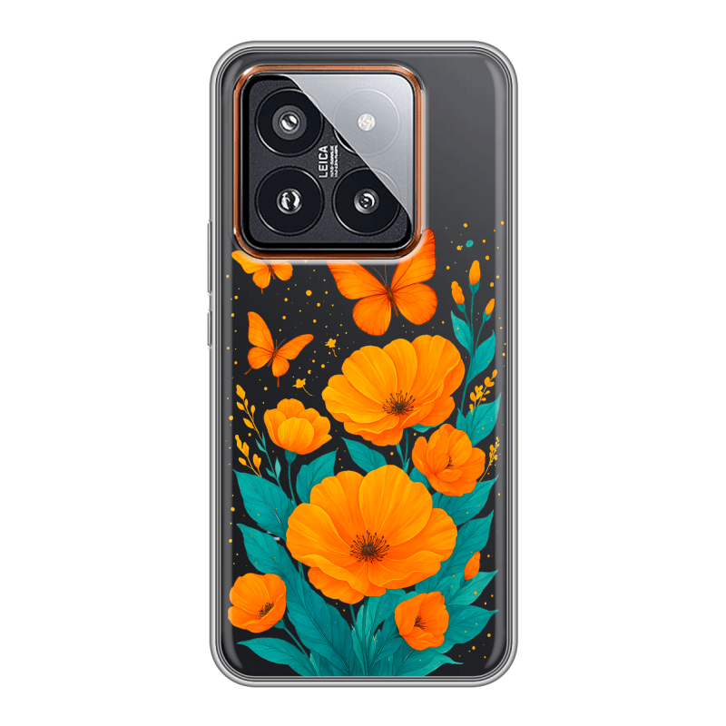 Силиконовый чехол на Xiaomi 14 Pro с принтом цветы бабочки Силиконовый чехол на Xiaomi 14 Pro с принтом цветы бабочки