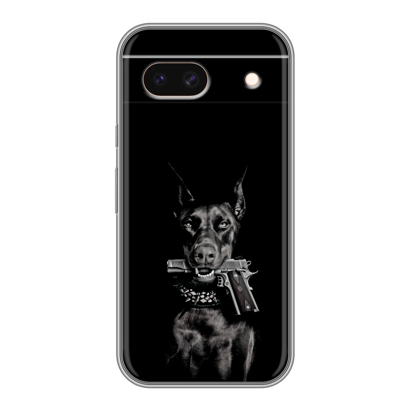 Силиконовый чехол на Google Pixel 8a с принтом Доберман и пистолет Силиконовый чехол на Google Pixel 8a с принтом Доберман и пистолет