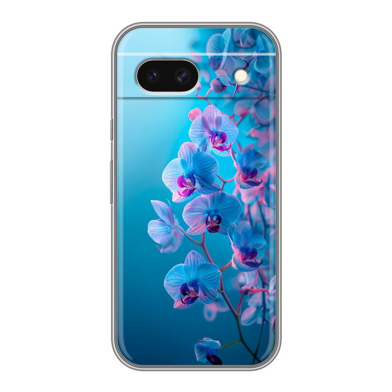 Силиконовый чехол на Google Pixel 8a с принтом голубые орхидеи Силиконовый чехол на Google Pixel 8a с принтом голубые орхидеи
