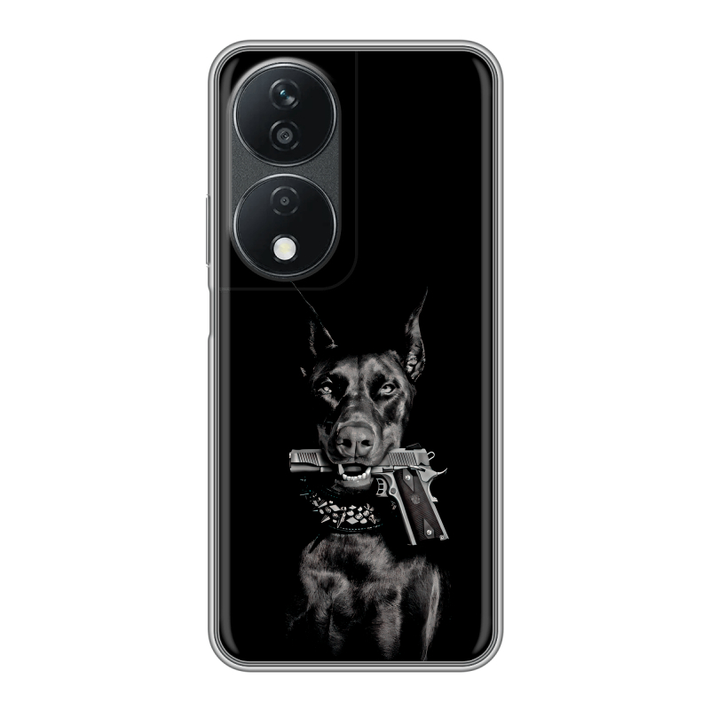 Силиконовый чехол на Honor X7b с принтом Доберман и пистолет Силиконовый чехол на Honor X7b с принтом Доберман и пистолет