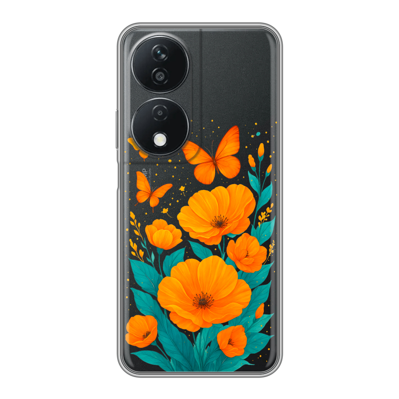Силиконовый чехол на Honor X7b с принтом цветы бабочки Силиконовый чехол на Honor X7b с принтом цветы бабочки