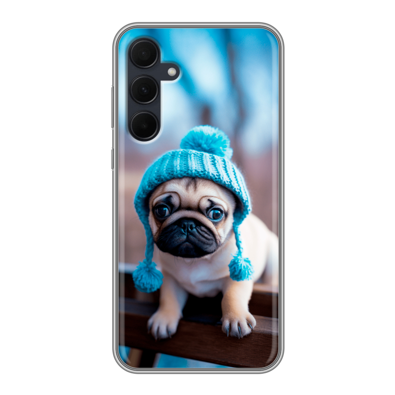 Силиконовый чехол на Samsung Galaxy A35 с принтом Мопс в шапке Силиконовый чехол на Samsung Galaxy A35 с принтом Мопс в шапке