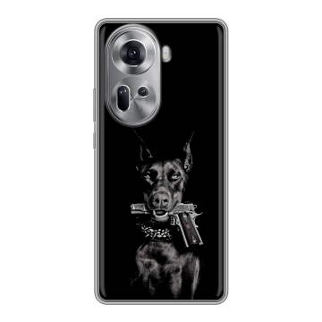 Силиконовый чехол на OPPO Reno 11 с принтом Доберман и пистолет Силиконовый чехол на OPPO Reno 11 с принтом Доберман и пистолет