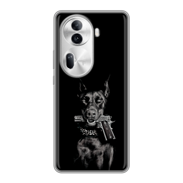 Силиконовый чехол на OPPO Reno 11 Pro с принтом Доберман и пистолет Силиконовый чехол на OPPO Reno 11 Pro с принтом Доберман и пистолет