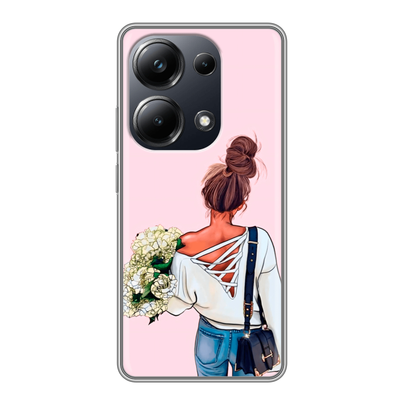 Силиконовый чехол на Xiaomi Poco M6 Pro 4G с принтом Девушка и букет Силиконовый чехол на Xiaomi Poco M6 Pro 4G с принтом Девушка и букет