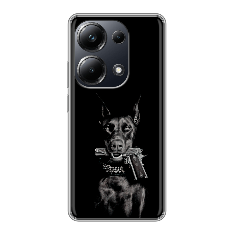 Силиконовый чехол на Xiaomi Poco M6 Pro 4G с принтом Доберман и пистолет Силиконовый чехол на Xiaomi Poco M6 Pro 4G с принтом Доберман и пистолет