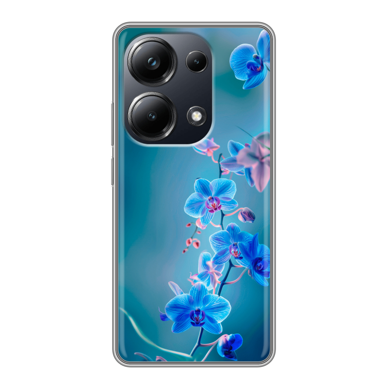 Силиконовый чехол на Xiaomi Poco M6 Pro 4G с принтом Голубые цветы Силиконовый чехол на Xiaomi Poco M6 Pro 4G с принтом Голубые цветы