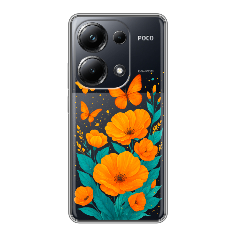 Силиконовый чехол на Xiaomi Poco M6 Pro 4G с принтом цветы бабочки Силиконовый чехол на Xiaomi Poco M6 Pro 4G с принтом цветы бабочки