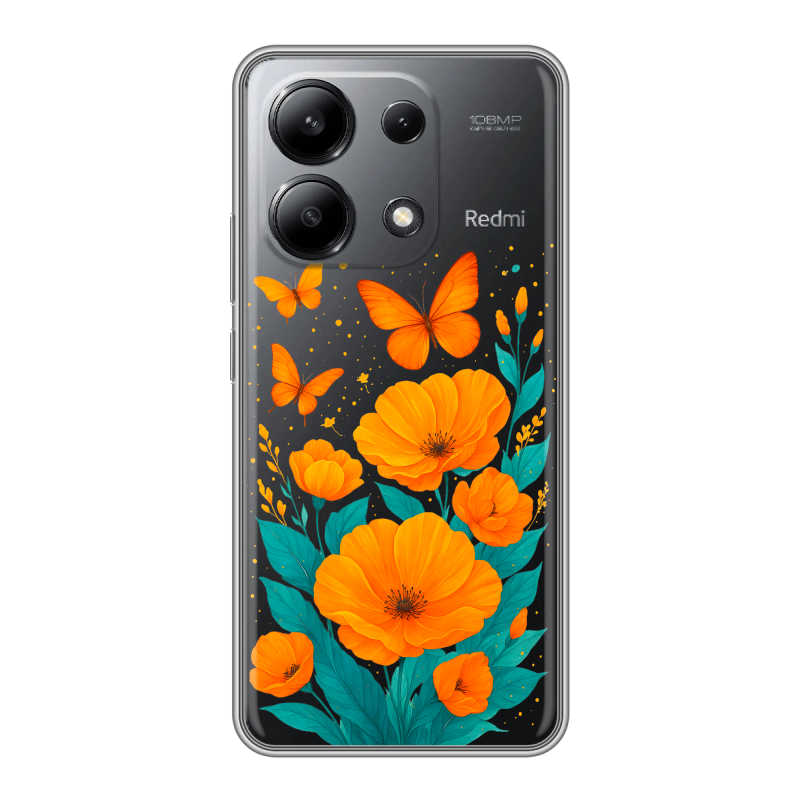 Силиконовый чехол на Xiaomi Redmi Note 13 4G с принтом цветы бабочки Силиконовый чехол на Xiaomi Redmi Note 13 4G с принтом цветы бабочки