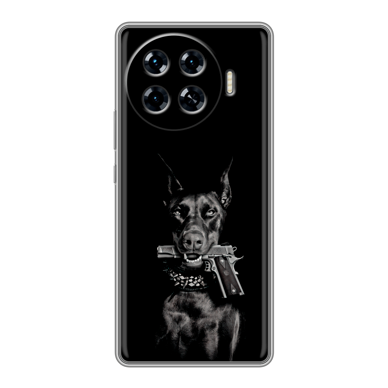 Силиконовый чехол на Tecno Spark 20 Pro Plus с принтом Доберман и пистолет Силиконовый чехол на Tecno Spark 20 Pro Plus с принтом Доберман и пистолет