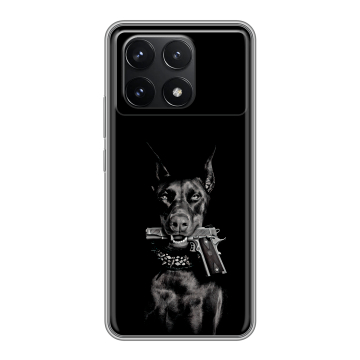 Силиконовый чехол на Xiaomi Redmi K70 5G с принтом Доберман и пистолет Силиконовый чехол на Xiaomi Redmi K70 5G с принтом Доберман и пистолет