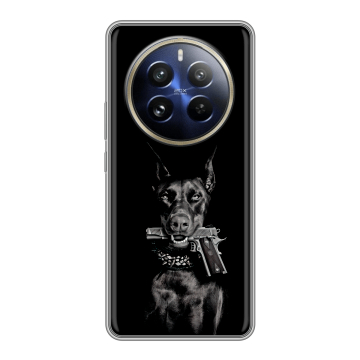 Силиконовый чехол на Realme 12 Pro Plus с принтом Доберман и пистолет Силиконовый чехол на Realme 12 Pro Plus с принтом Доберман и пистолет