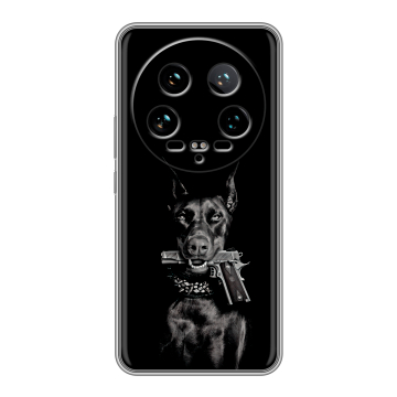 Силиконовый чехол на Xiaomi 14 Ultra с принтом Доберман и пистолет Силиконовый чехол на Xiaomi 14 Ultra с принтом Доберман и пистолет