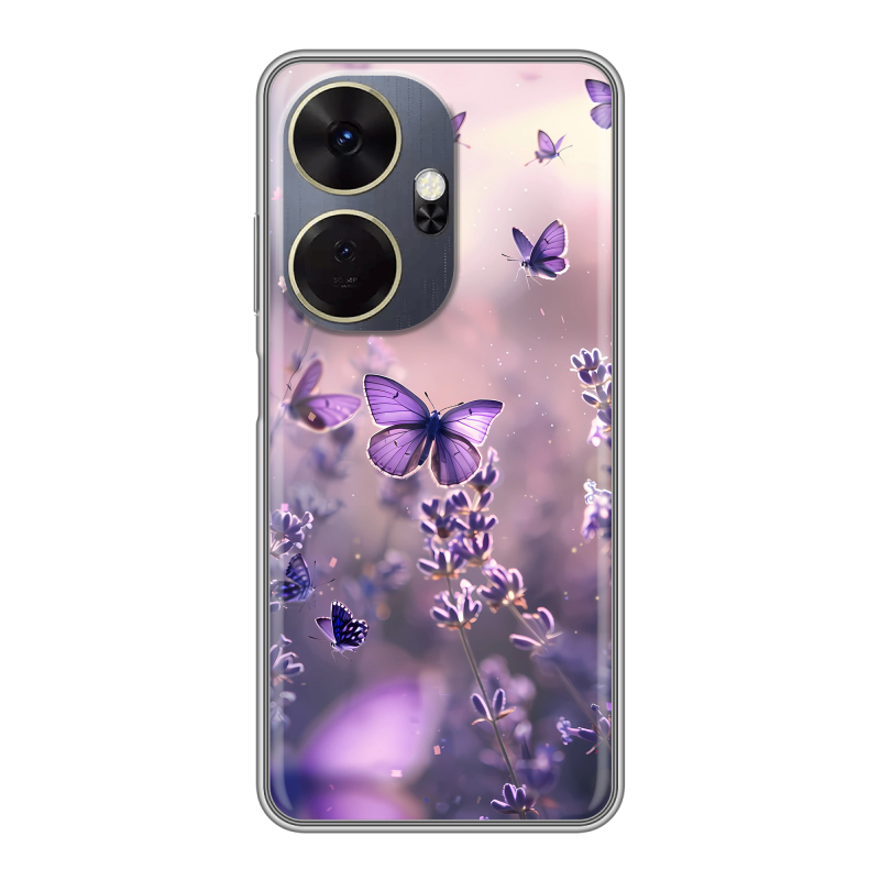 Силиконовый чехол на Itel P55 Plus с принтом бабочки и лаванда Силиконовый чехол на Itel P55 Plus с принтом бабочки и лаванда
