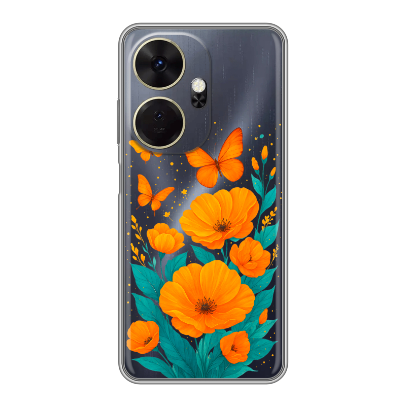 Силиконовый чехол на Itel P55 Plus с принтом цветы бабочки Силиконовый чехол на Itel P55 Plus с принтом цветы бабочки