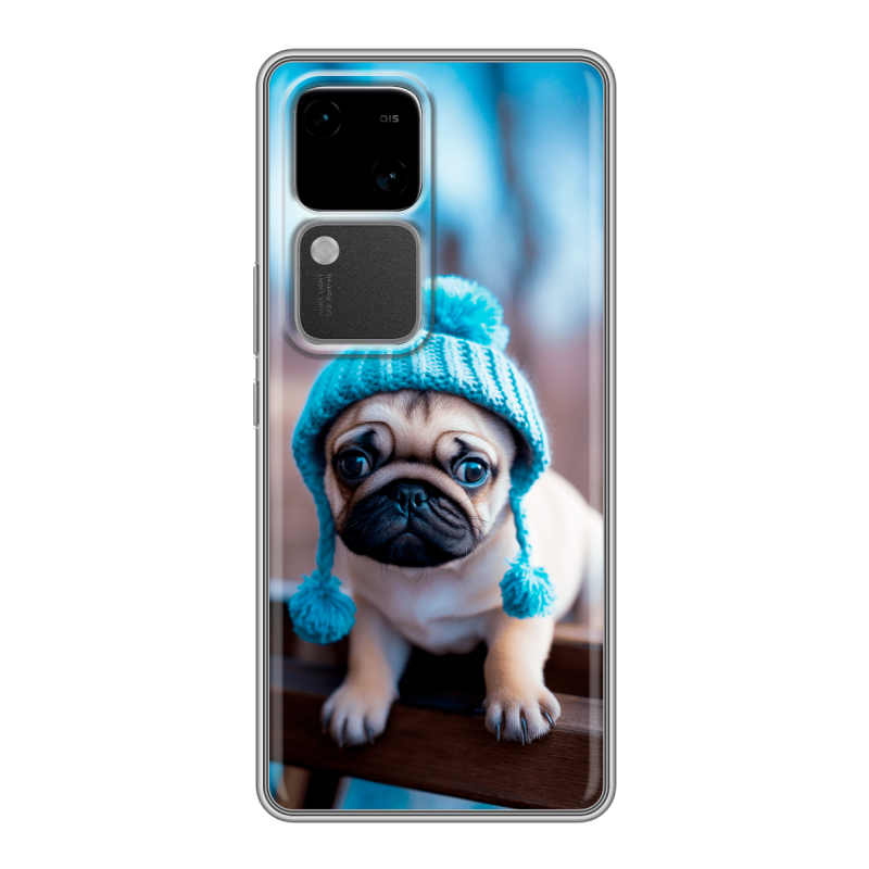 Силиконовый чехол на Vivo V30 5G с принтом Мопс в шапке Силиконовый чехол на Vivo V30 5G с принтом Мопс в шапке