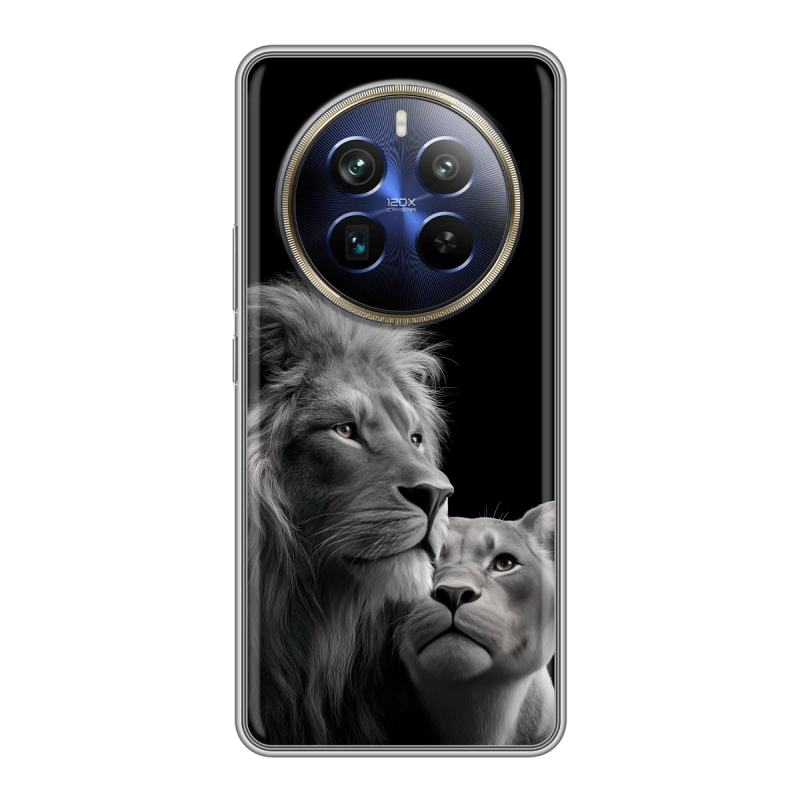 Силиконовый чехол на Realme 12 Plus 5G с принтом Лев кошки Силиконовый чехол на Realme 12 Plus 5G с принтом Лев кошки