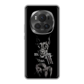 Силиконовый чехол на Honor Magic 6 Pro с принтом Доберман и пистолет Силиконовый чехол на Honor Magic 6 Pro с принтом Доберман и пистолет