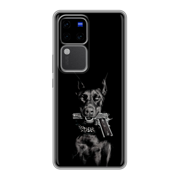 Силиконовый чехол на Vivo V30 Pro с принтом Доберман и пистолет Силиконовый чехол на Vivo V30 Pro с принтом Доберман и пистолет