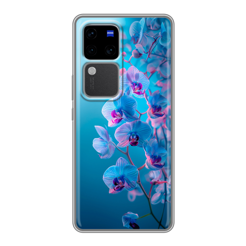 Силиконовый чехол на Vivo V30 Pro с принтом голубые орхидеи Силиконовый чехол на Vivo V30 Pro с принтом голубые орхидеи