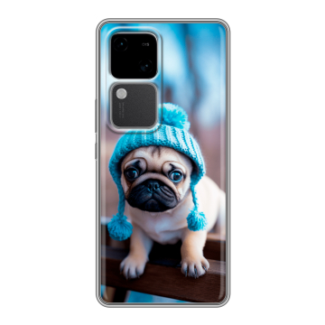 Силиконовый чехол на Vivo S18 с принтом Мопс в шапке Силиконовый чехол на Vivo S18 с принтом Мопс в шапке