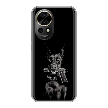 Силиконовый чехол на Huawei Nova 12 Pro с принтом Доберман и пистолет Силиконовый чехол на Huawei Nova 12 Pro с принтом Доберман и пистолет