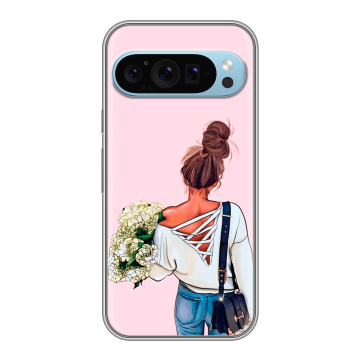 Силиконовый чехол на Google Pixel 9 с принтом Девушка и букет