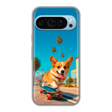 Силиконовый чехол на Google Pixel 9 с принтом Корги на скейте