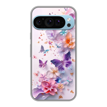 Силиконовый чехол на Google Pixel 9 Pro с принтом цветы бабочки Силиконовый чехол на Google Pixel 9 Pro с принтом цветы бабочки