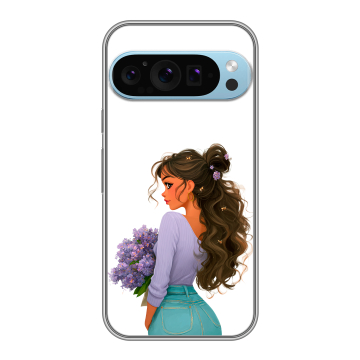 Силиконовый чехол на Google Pixel 9 Pro с принтом девушка цветы