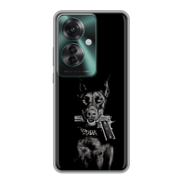 Силиконовый чехол на Oppo Reno 11F с принтом Доберман и пистолет Силиконовый чехол на Oppo Reno 11F с принтом Доберман и пистолет