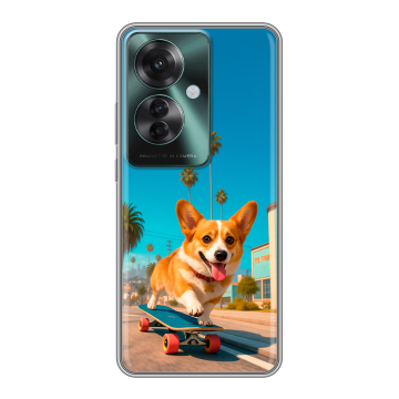 Силиконовый чехол на Oppo Reno 11F с принтом Корги на скейте Силиконовый чехол на Oppo Reno 11F с принтом Корги на скейте