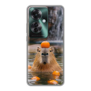 Силиконовый чехол на Oppo Reno 11F с принтом Капибара с апельсином