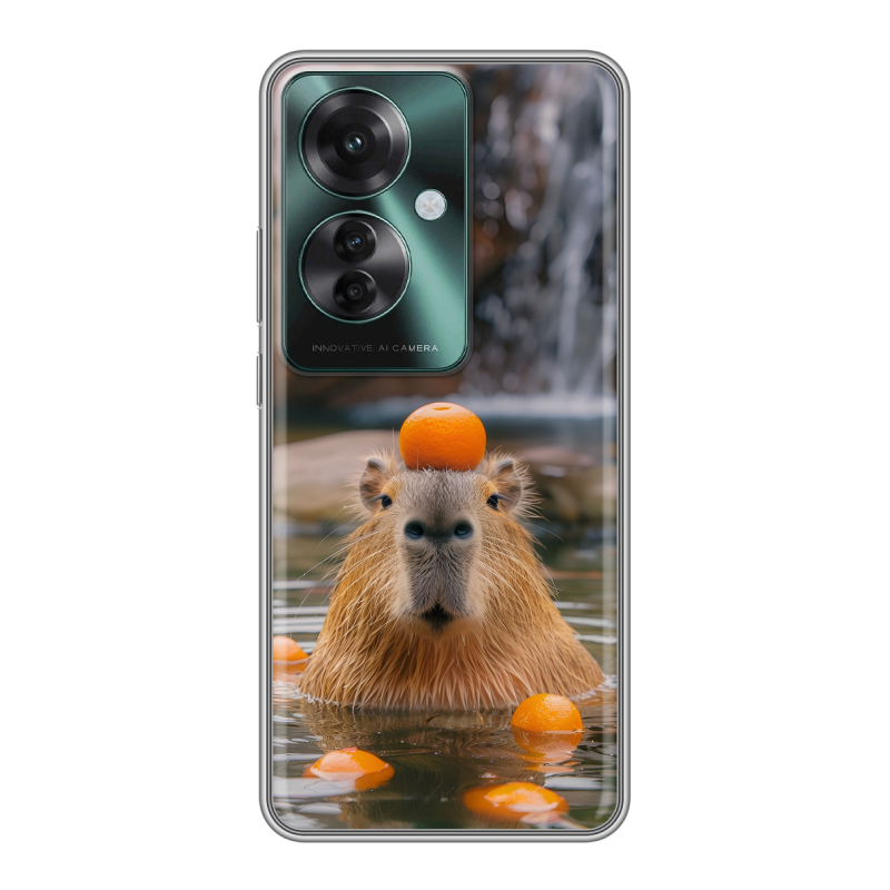 Силиконовый чехол на Oppo Reno 11F с принтом Капибара с апельсином Силиконовый чехол на Oppo Reno 11F с принтом Капибара с апельсином