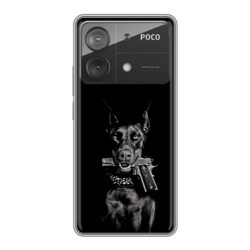 Силиконовый чехол на Xiaomi Poco X6 Neo с принтом Доберман и пистолет Силиконовый чехол на Xiaomi Poco X6 Neo с принтом Доберман и пистолет